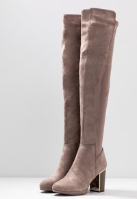 Botas de ante taupe hasta la rodilla con punta cuadrada y tacón bloque, con un detalle dorado en el tacón y diseño sin costuras.