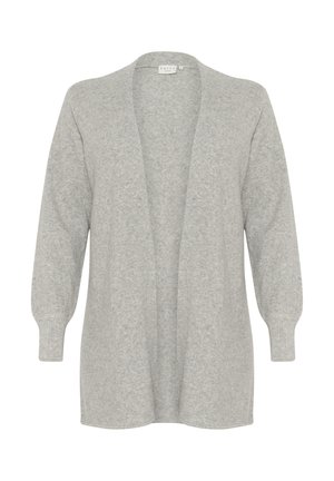 Světle šedý cardigan s otevřeným předním dílem, dlouhými rukávy a žebrovanými manžetami. Vyroben z měkké, strukturované pleteniny. Bez zapínání a vzorů.