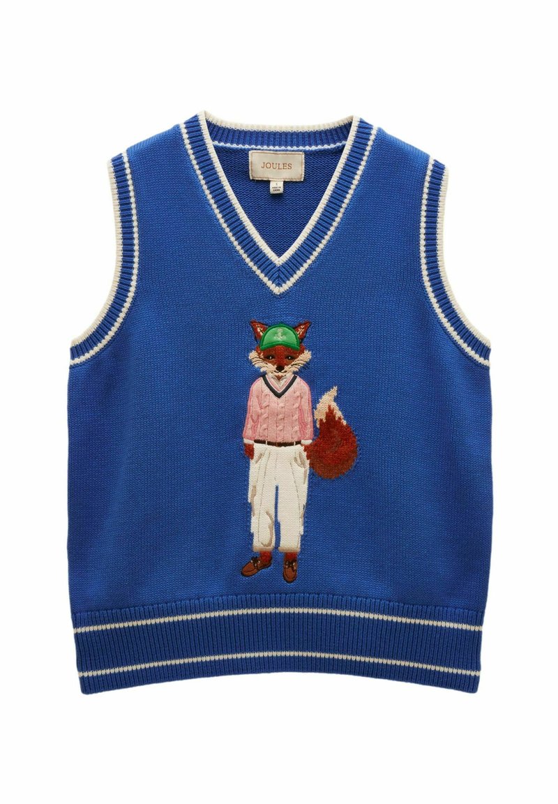 Sinine kootud varrukateta kampsun valge äärisega ja tikitud rebane, kes kannab rohelist mütsi, roosat kampsunit, valgeid pükse ja pruune kingi.