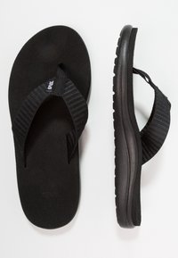 Sorte flip-flops med en struktureret rem, polstret fodseng og en gummisål med et mønstret slidbane for godt greb.