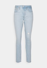 Light blue denim jeans with a high waist, slim fit, slight distressing on the front, and classic five-pocket design.