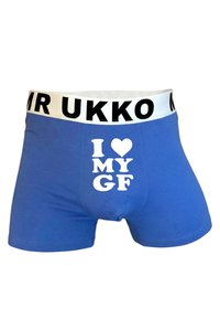 Boxer bleu avec une ceinture blanche marqué "MR UKKO" et texte blanc à l'avant disant "I [heart] MY GF."
