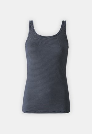 Marineblå tanktopp med horisontale hvite striper, ermløs design, rund hals og et glatt, lett stoff.