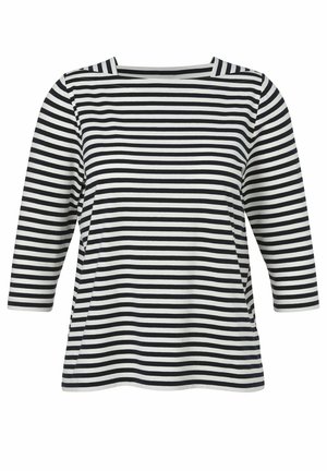 Chemise à manches longues à rayures horizontales noires et blanches, avec un large col carré et une coupe légèrement décontractée.