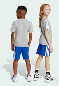 Camiseta atlética gris con rayas blancas en las mangas, combinada con pantalones cortos azul con rayas blancas. Ambos llevan zapatillas de deporte en blanco y negro.