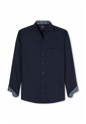 Dunkelblaues langärmeliges Hemd mit Knopfleiste, floral gemustertem Innenkragen und Manschettenfutter sowie einer Brusttasche auf der linken Seite.