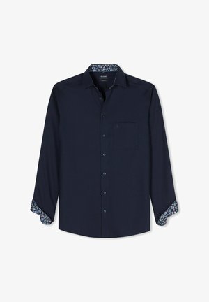 Dunkelblaues langärmeliges Hemd mit Knopfleiste, floral gemustertem Innenkragen und Manschettenfutter sowie einer Brusttasche auf der linken Seite.