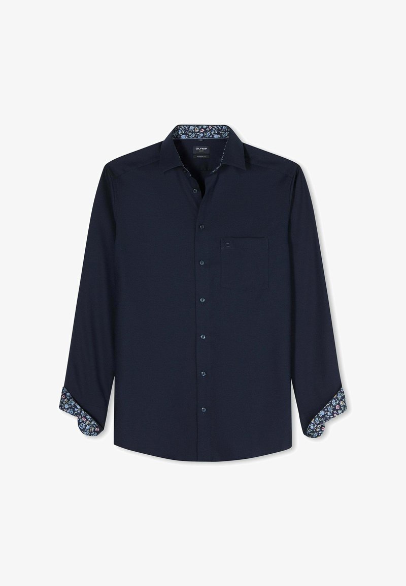 Dunkelblaues langärmeliges Hemd mit Knopfleiste, floral gemustertem Innenkragen und Manschettenfutter sowie einer Brusttasche auf der linken Seite.