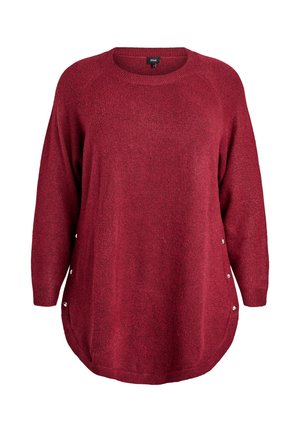 Maglione lavorato a maglia rosso con scollatura rotonda, maniche lunghe e decorazioni con bottoni laterali. Tessuto morbido con vestibilità ampia e orlo curvo.