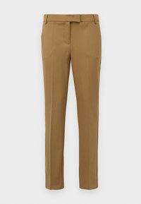 Pantalons marron ajustés avec une texture lisse, design à jambe droite, poches latérales et une taille avec passants de ceinture.