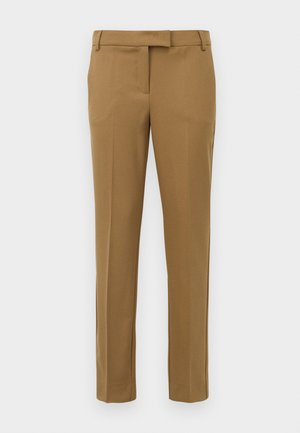 Brown tailored trousers with a smooth texture, straight leg design, side pockets, and a belt loop waistband.