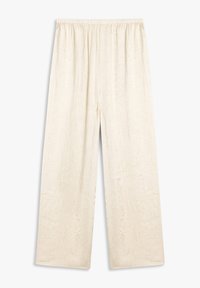 Wijde broek in een lichte crème kleur, gemaakt van gestructureerde stof met een elastische tailleband. Heeft een gekreukt oppervlak en een rechte snit.