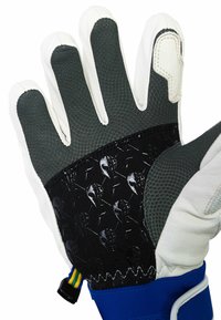 Glove with a white leather exterior and a textured gray palm, featuring a black patterned insert. Blue wrist cuff with adjustable strap.