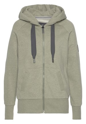 Reißverschluss-Hoodie aus hellgrünem Stoff mit Kapuze, grauen Kordelzügen, frontalen Taschen, gerippten Bündchen und einem strukturierten Innenfutter.
