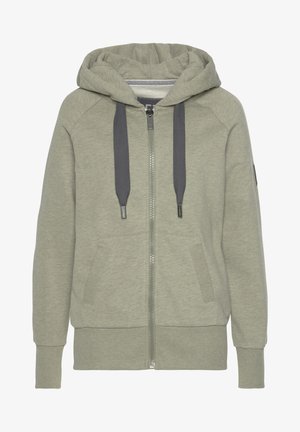 Reißverschluss-Hoodie aus hellgrünem Stoff mit Kapuze, grauen Kordelzügen, frontalen Taschen, gerippten Bündchen und einem strukturierten Innenfutter.