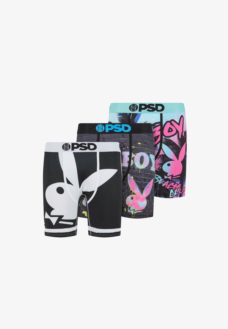 Three pairs of boxer briefs featuring a mix of colors and patterns. Materials include cotton with elastic waistbands; designs incorporate logos and graphic prints.