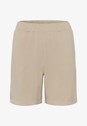 Pantaloni scurți bej cu talie elastică, până la mijlocul coapsei, cu un design simplu și cusături vizibile de-a lungul tivului și a cusături frontale centrale.