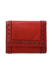 Red leather wallet with a fold-over design, featuring black stud accents along the edges for added detail. Smooth texture, compact shape.