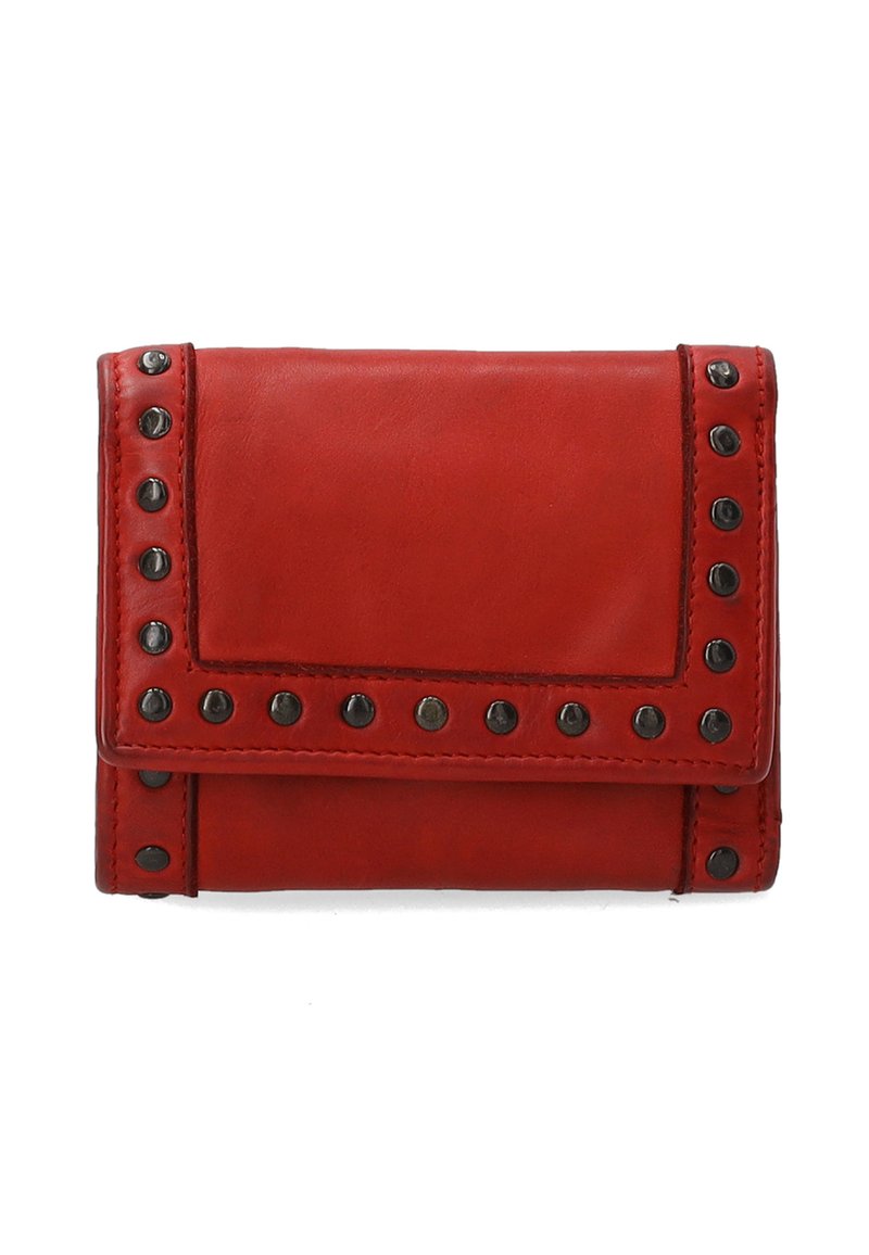 Red leather wallet with a fold-over design, featuring black stud accents along the edges for added detail. Smooth texture, compact shape.