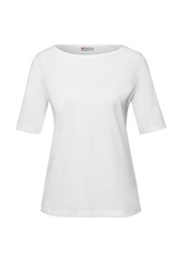 Maglietta bianca da donna a maniche corte con scollo rotondo e orlo dritto, marchio Street One.