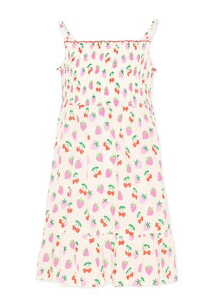 Biała sukienka bez rękawów z różowymi truskawkami i czerwonymi wiśniami, falbanką na dole i cienkimi ramiączkami.