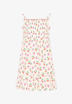 Biała sukienka bez rękawów z różowymi truskawkami i czerwonymi wiśniami, falbanką na dole i cienkimi ramiączkami.