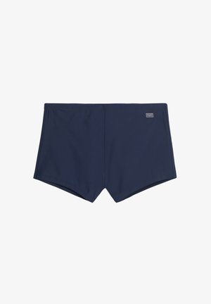 Shorts de bain bleu marine en tissu lisse et extensible. Coupe mi-cuisse avec une taille élastique et un petit logo de marque sur le devant.
