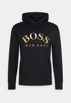 Schwarzer Hoodie mit goldenem "BOSS HUGO BOSS"-Logo, Kängurutasche vorne, Kapuze mit Kordelzug, lange Ärmel mit gerippten Bündchen.
