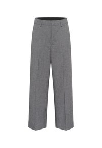 Sive široke hlače s teksturiranim uzorkom, s visokim strukom i dva prednja plisirana detalja, izrađene od lagane tkanine.
