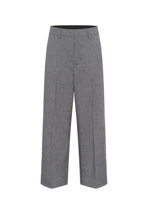 Szare szerokie spodnie z fakturowanym wzorem, z wysokim stanem i dwoma fałdami z przodu, wykonane z lekkiego materiału.