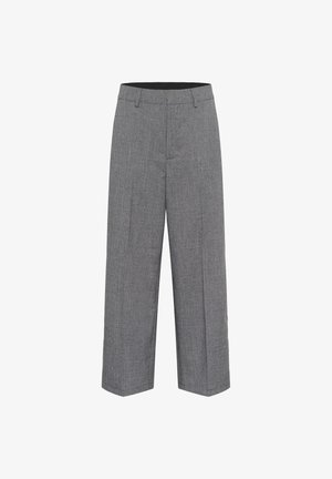 Sivé široké nohavice s textúrovaným vzorom, s vysokým pásom a dvoma prednými sklady, vyrobené z ľahkého materiálu.