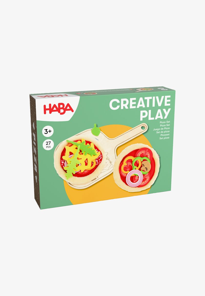 Pizzaset mit hölzernem Untergrund, bunten Filzbelägen und weichen Kanten. Beinhaltet verschiedene Teile für kreatives Spielen. Geeignet für Kinder ab 3 Jahren.
