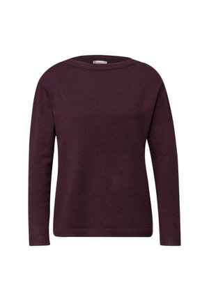 Suéter burdeos con escote redondo, mangas largas y diseño de tejido texturizado. Puños y dobladillo acanalados completan el estilo.