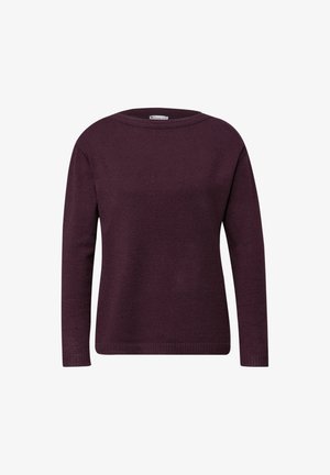 Suéter burdeos con escote redondo, mangas largas y diseño de tejido texturizado. Puños y dobladillo acanalados completan el estilo.