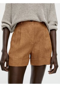Brown linen shorts with a tailored design, featuring pleats and a cuffed hem. The fabric has a textured appearance and a relaxed fit.