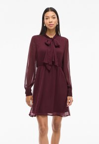 Kobieta stojąca w burgundowej sukience z długim rękawem, z wiązanym krawatem przy szyi, przezroczystymi rękawami i lekko rozszerzaną spódnicą.