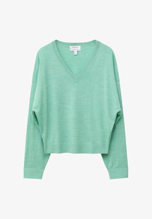 Mintgrøn langærmet V-hals strikket sweater med ribkant ved ærmer og kant, vist fladt på en hvid baggrund.