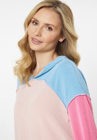 Kapuzensweatshirt mit blauen, rosa und hellrosa Abschnitten. Strukturierter Stoff mit vertikalen Streifen, mit lässiger Passform und kurzen Ärmeln.