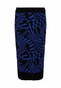 Pletená tužková sukně s černo-modrým geometrickým vzorem. Má jednobarevný černý pas. Hladká textura se strukturovaným střihem.