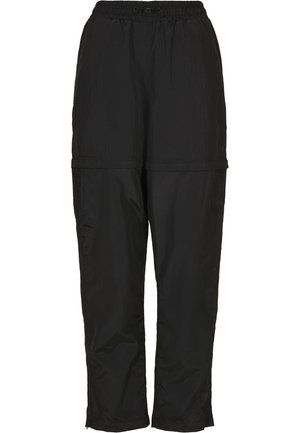 Zwarte nylon lichtgewicht trainingsbroek met elastische tailleband en verstelbare trekkoord, met afritsbare benen voor een convertible shortstijl.