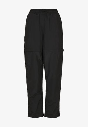 Zwarte nylon lichtgewicht trainingsbroek met elastische tailleband en verstelbare trekkoord, met afritsbare benen voor een convertible shortstijl.