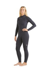 Black wetsuit featuring long sleeves, a high neck, and knee pads. Made of flexible material, it has a smooth texture with reinforced seams.