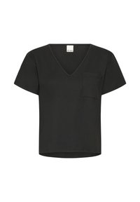 Tricou negru cu decolteu în V, mâneci scurte și un buzunar frontal. Fabricat dintr-un material moale, cu o textură netedă. Design simplu, fără modele.