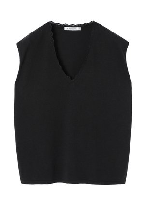 Juodas be rankovių megztinis su V formos kaklu ir subtiliu nėriniu apdailoje aplink dekoltė, dydis S, išdėliotas ant baltos fono.