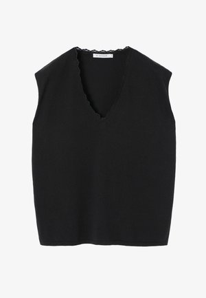 Juodas be rankovių megztinis su V formos kaklu ir subtiliu nėriniu apdailoje aplink dekoltė, dydis S, išdėliotas ant baltos fono.