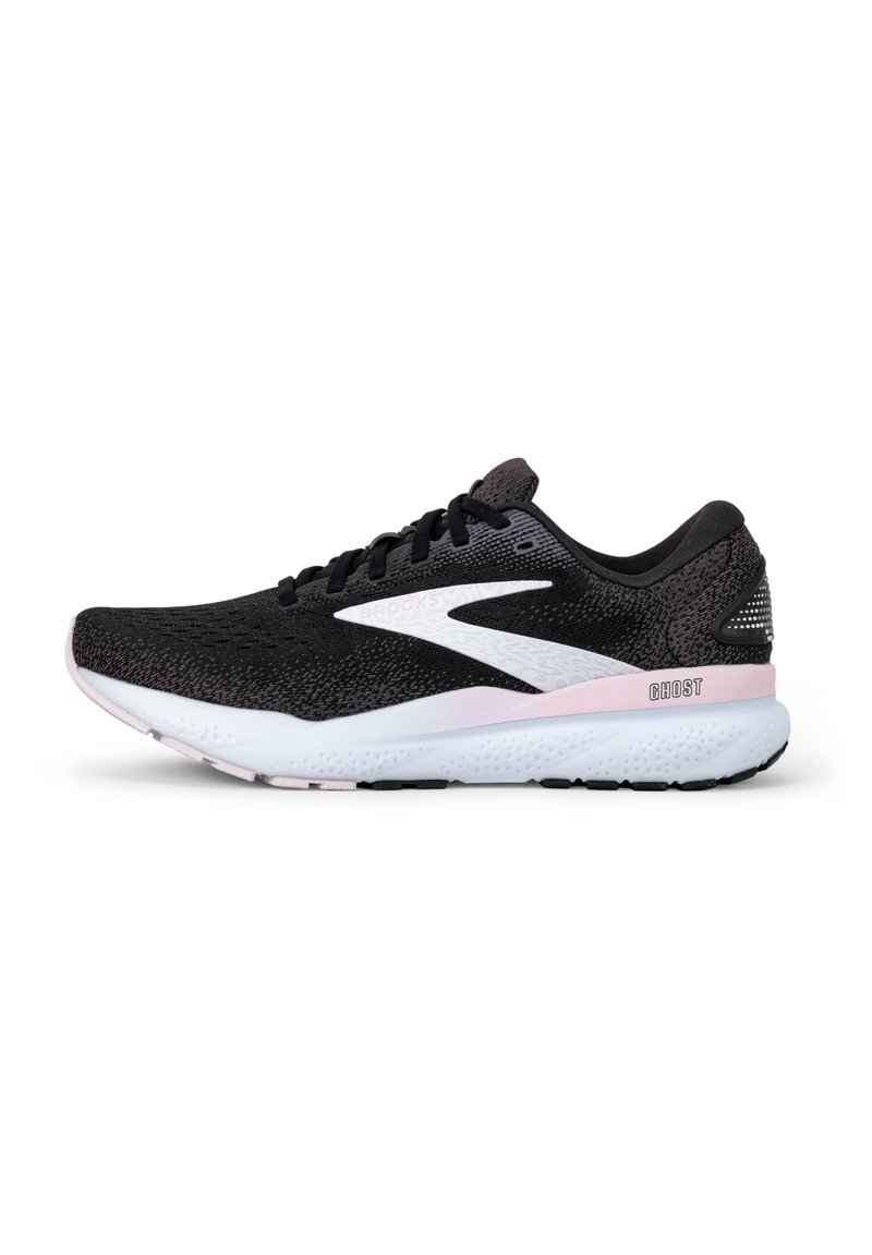 Scarpa da corsa nera con tomaia in mesh testurizzato, logo bianco, dettagli rosa e suola ammortizzata. Caratterizzata da un tallone rinforzato e una suola flessibile.