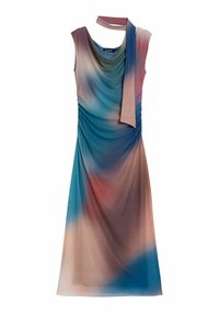 Kleid mit Kappenärmeln und drapiertem Design, das einen Farbverlauf von Türkis, Rosa und Beige aufweist. Enthält eine abnehmbare Schleife am Ausschnitt.