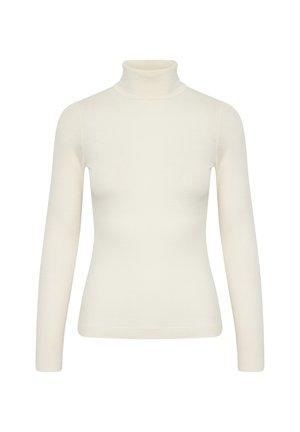 Hvid langærmet turtleneck-top lavet af et glat, struktureret stof. Har et tætsiddende design og høj krave for varme.