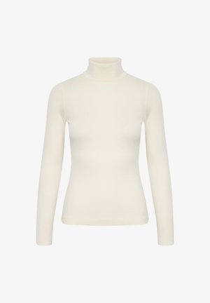 Hvid langærmet turtleneck-top lavet af et glat, struktureret stof. Har et tætsiddende design og høj krave for varme.