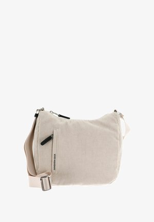 Sac à épaule en velours côtelé beige avec une texture lisse, un compartiment principal zippé, une poche latérale et une bandoulière réglable. Accents en métal argenté.